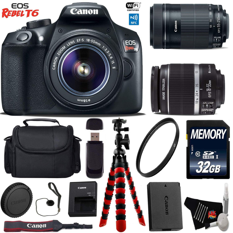 Canon EOS Rebel T6 DSLR Camera with 18-55mm is Lens & 55-250mm is STM Lens + Flexible Tripod + UV Protection Filter Starter Bundle (International Mode