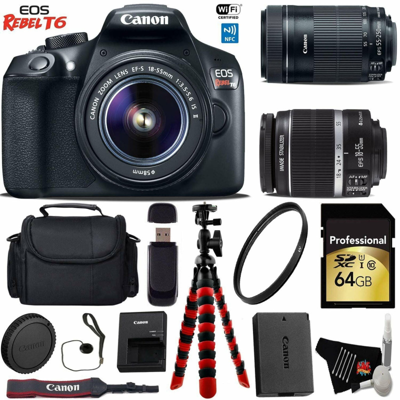 Canon EOS Rebel T6 DSLR Camera 18-55mm is Lens & 55-250mm is STM Lens + Flexible Tripod + UV Protection Filter + Profess (International Model)