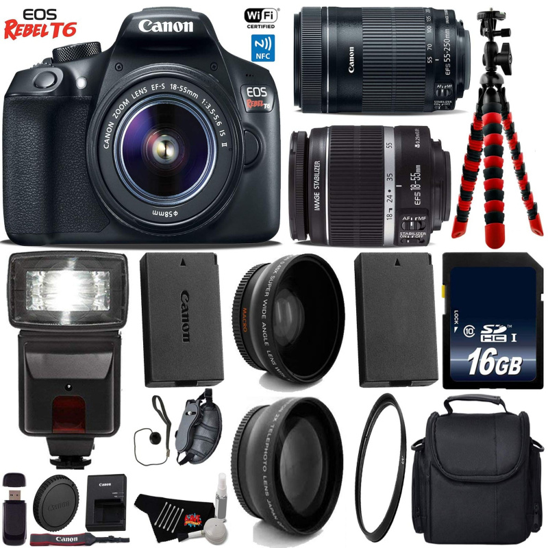 Canon EOS Rebel T6 DSLR Camera with 18-55mm is Lens & 55-250mm is STM Lens + Flash + UV FLD CPL Filter Kit Base Bundle (International Model)