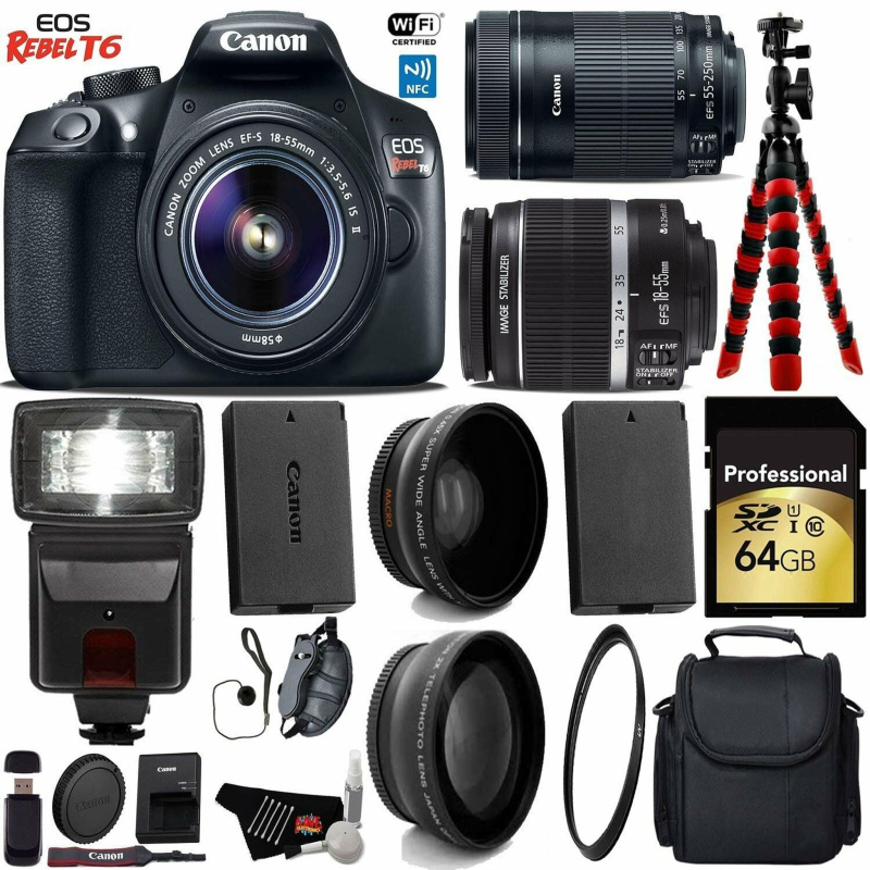 Canon EOS Rebel T6 DSLR Camera 18-55mm is Lens & 55-250mm is STM Lens + Flash + UV FLD CPL Filter Kit + Wide Angle & Tel (International Model)