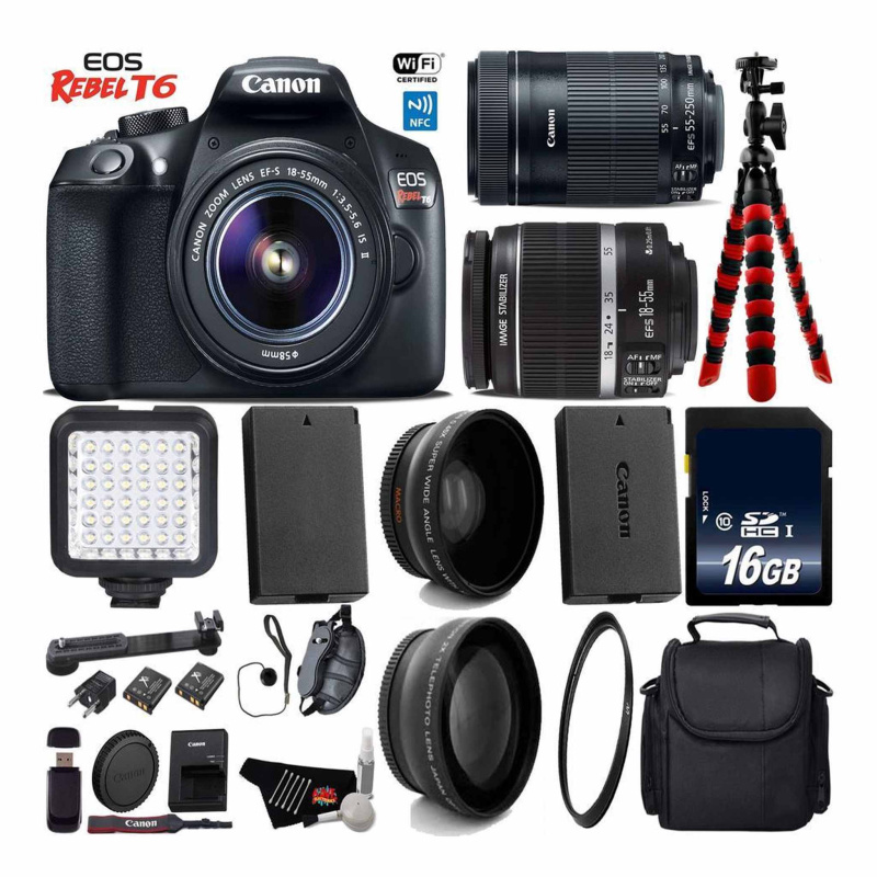 Canon EOS Rebel T6 DSLR Camera with 18-55mm is Lens & 55-250mm is STM Lens + LED + UV FLD CPL Filter Kit Base Bundle (International Model)