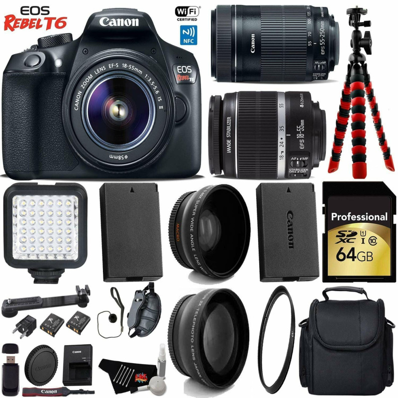 Canon EOS Rebel T6 DSLR Camera 18-55mm is Lens & 55-250mm is STM Lens + LED + UV FLD CPL Filter Kit + Wide Angle & Telep (International Model)