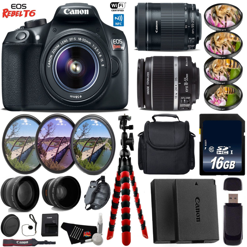 Canon EOS Rebel T6 DSLR Camera + 18-55mm is Lens & 55-250mm is STM Lens + UV FLD CPL Filter Kit + 4 PC Macro Kit Base Bundle (International Model)