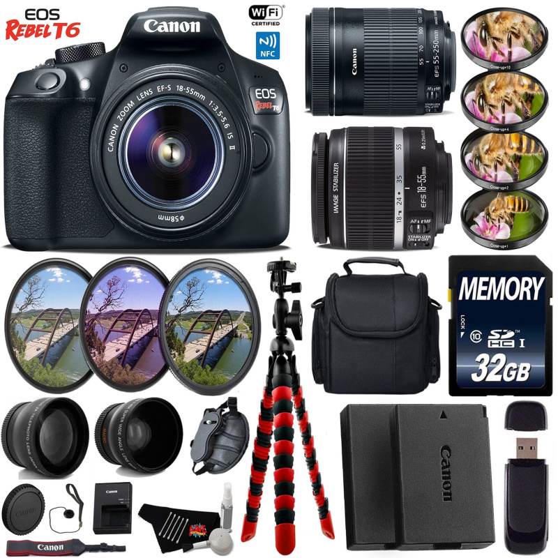 Canon EOS Rebel T6 DSLR Camera + 18-55mm is Lens & 55-250mm is STM Lens + UV FLD CPL Filter Kit + 4 PC Macro Kit Starter Bundle (International Model)