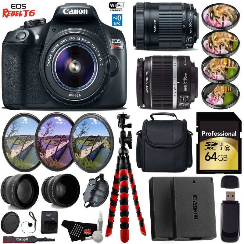 Canon EOS Rebel T6 DSLR Camera + 18-55mm is Lens & 55-250mm is STM Lens + UV FLD CPL Filter Kit + 4 PC Macro Kit Pro Bundle (International Model)