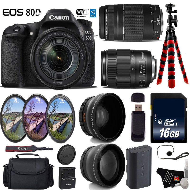 Canon EOS 80D DSLR Camera with 18-135mm is STM Lens & 75-300mm III Lens + UV FLD CPL Filter Kit Advanced Bundle (International Model)