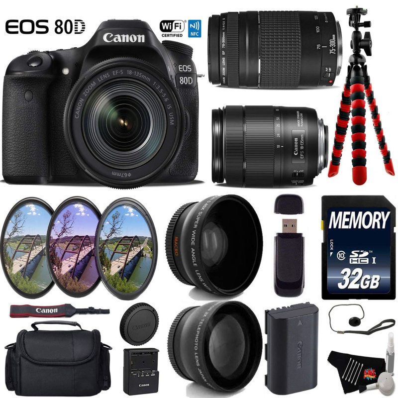 Canon EOS 80D DSLR Camera with 18-135mm is STM Lens & 75-300mm III Lens + UV FLD CPL Filter Kit Ultimate Bundle (International Model)