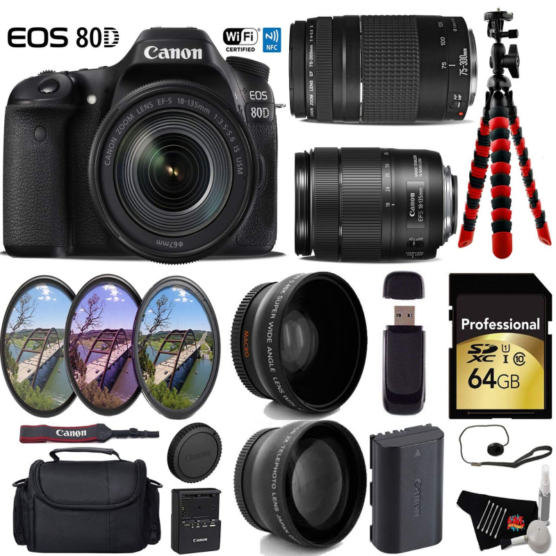 Canon EOS 80D DSLR Camera with 18-135mm is STM Lens & 75-300mm III Lens + UV FLD CPL Filter Kit + Wide Angle & Telephoto Lens Deluxe Bundle (Internati