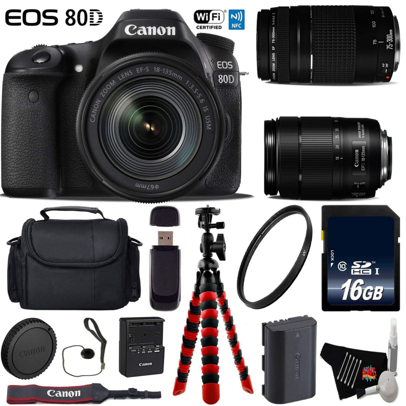 Canon EOS 80D DSLR Camera with 18-135mm is STM Lens & 75-300mm III Lens + Flexible Tripod + UV Protection Filter Ultimate Bundle (International Model)