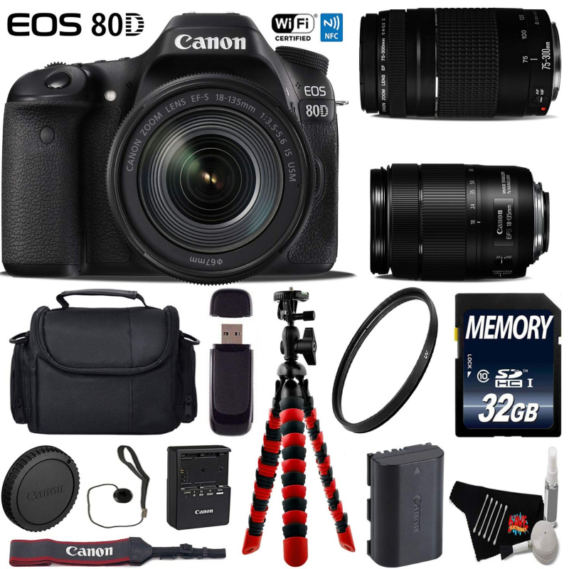 Canon EOS 80D DSLR Camera with 18-135mm is STM Lens & 75-300mm III Lens + Flexible Tripod + UV Protection Filter Deluxe Bundle (International Model)