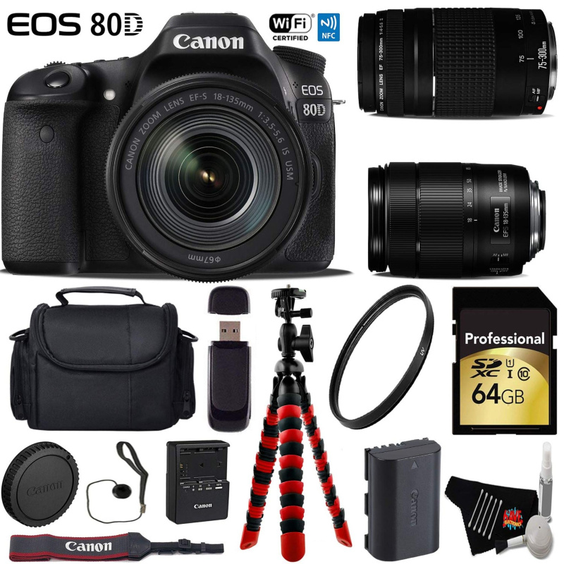 Canon EOS 80D DSLR Camera with 18-135mm is STM Lens & 75-300mm III Lens + Flexible Tripod + UV Protection Filter Advanced Bundle (International Model)