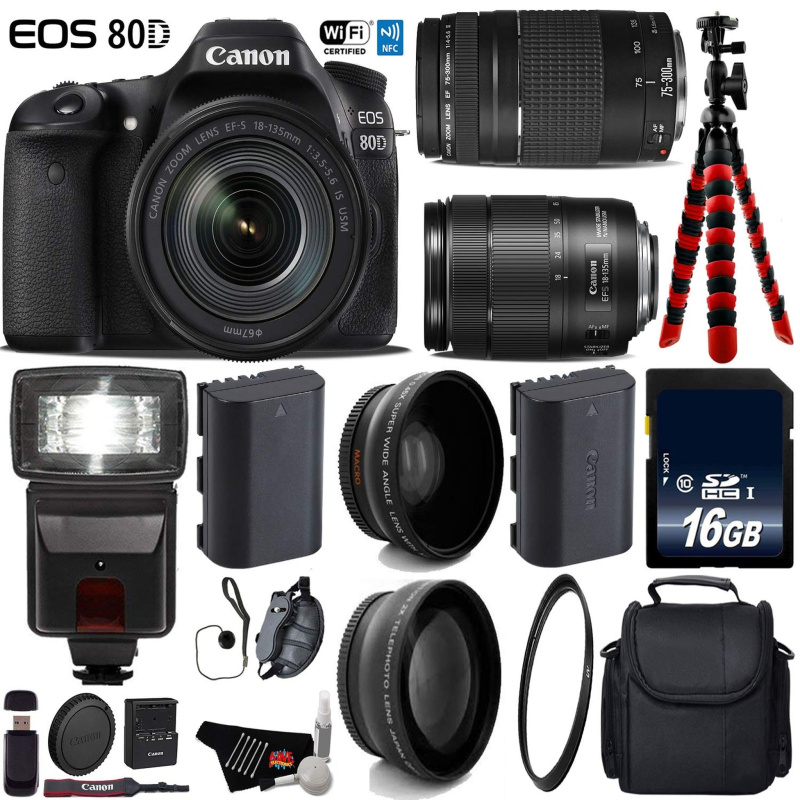Canon EOS 80D DSLR Camera with 18-135mm is STM Lens & 75-300mm III Lens + Flash + UV FLD CPL Filter Kit Advanced Bundle (International Model)