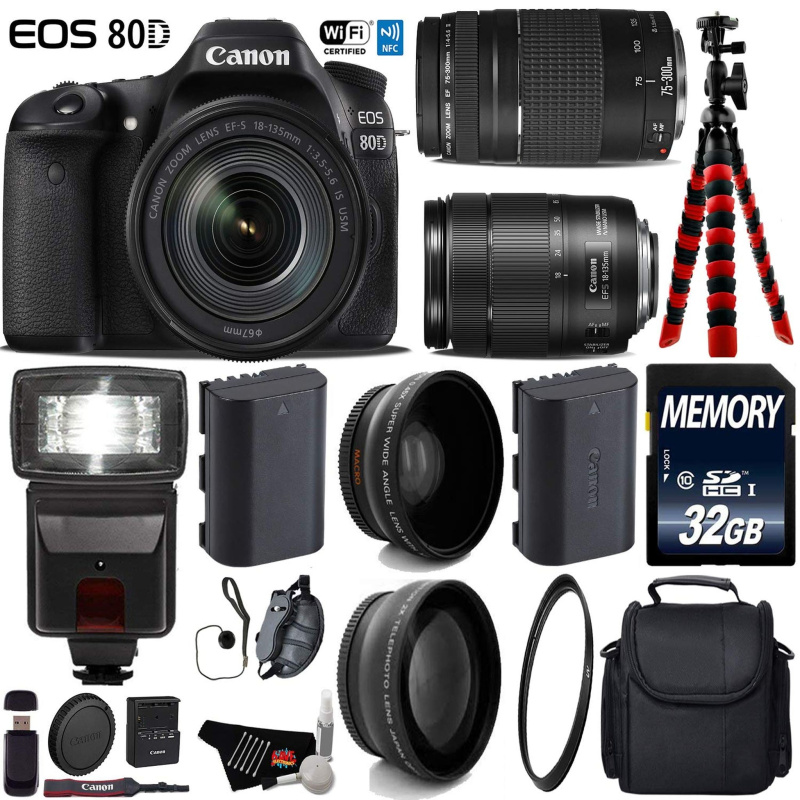 Canon EOS 80D DSLR Camera with 18-135mm is STM Lens & 75-300mm III Lens + Flash + UV FLD CPL Filter Kit Ultimate Bundle (International Model)