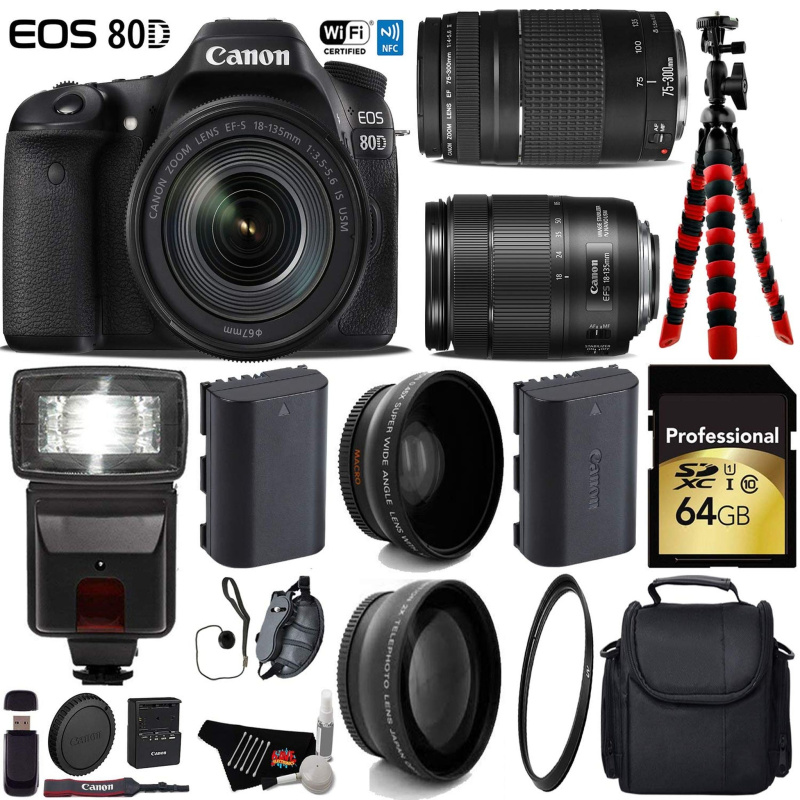 Canon EOS 80D DSLR Camera with 18-135mm is STM Lens & 75-300mm III Lens + Flash + UV FLD CPL Filter Kit Deluxe Bundle (International Model)