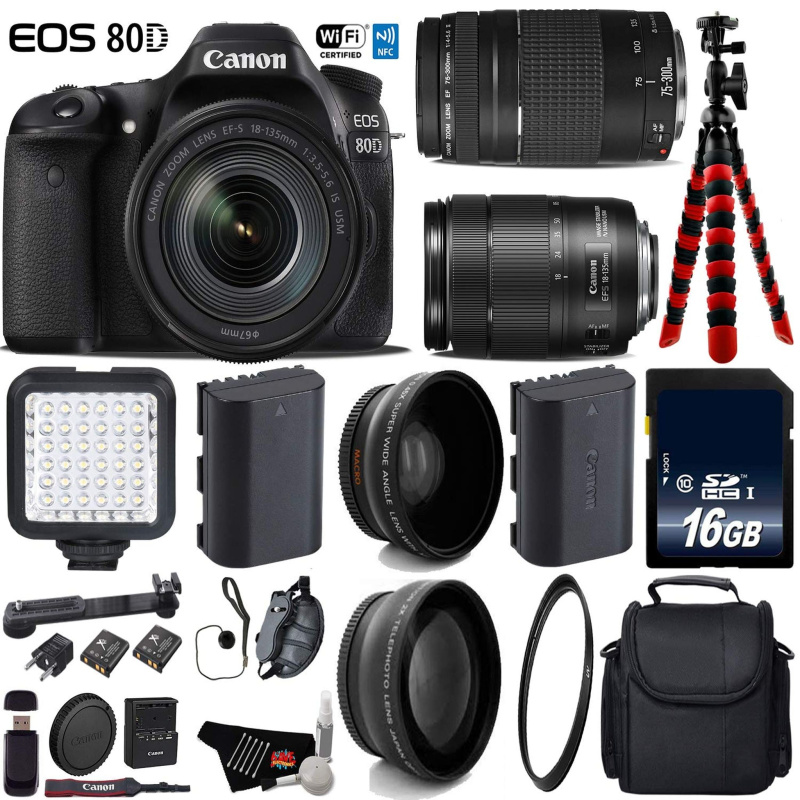 Canon EOS 80D DSLR Camera with 18-135mm is STM Lens & 75-300mm III Lens + LED + UV FLD CPL Filter Kit Advanced Bundle (International Model)
