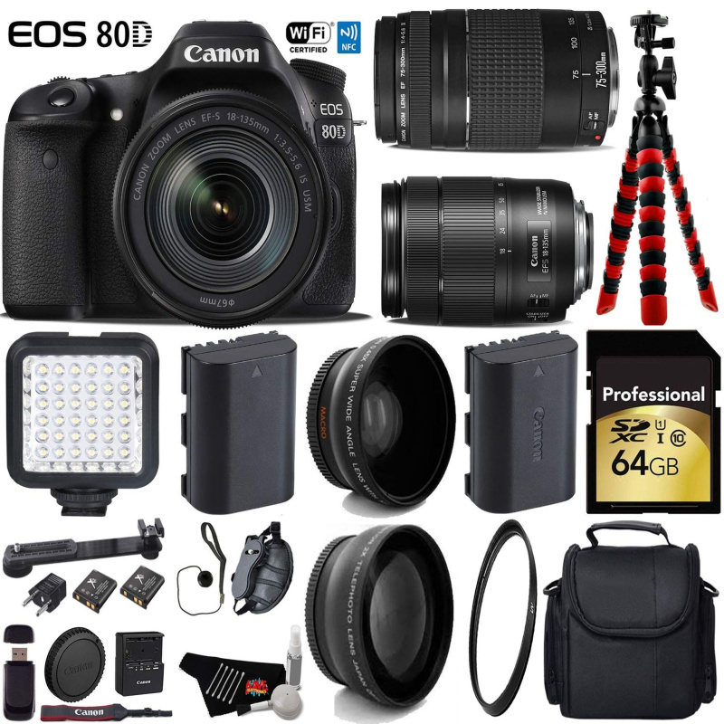 Canon EOS 80D DSLR Camera with 18-135mm is STM Lens & 75-300mm III Lens + LED + UV FLD CPL Filter Kit Deluxe Bundle (International Model)