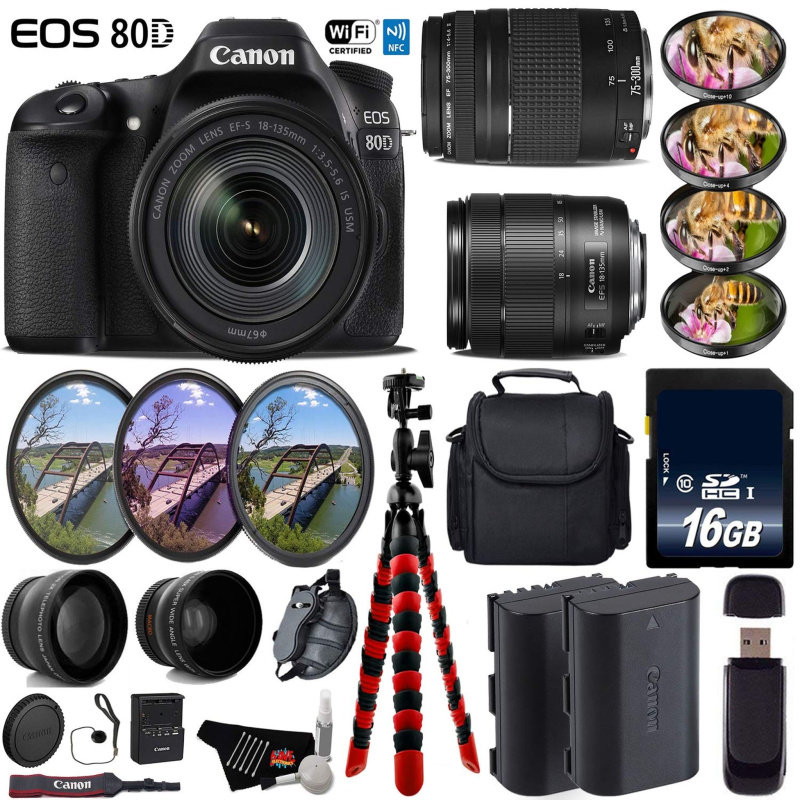 Canon EOS 80D DSLR Camera & 18-135mm is STM Lens & 75-300mm III Lens + UV FLD CPL Filter Kit + 4 PC Macro Kit Advanced Bundle (International Model)