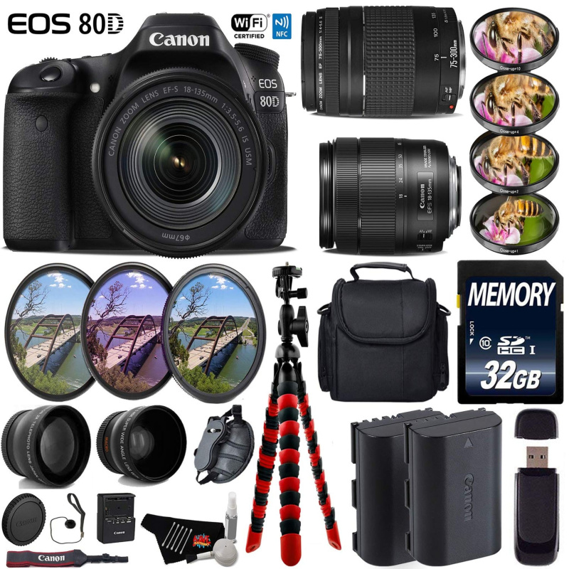 Canon EOS 80D DSLR Camera & 18-135mm is STM Lens & 75-300mm III Lens + UV FLD CPL Filter Kit + 4 PC Macro Kit Deluxe Bundle (International Model)