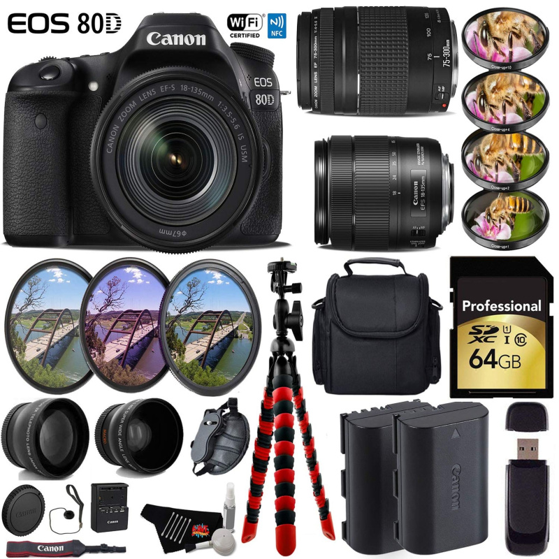Canon EOS 80D DSLR Camera & 18-135mm is STM Lens & 75-300mm III Lens + UV FLD CPL Filter Kit + 4 PC Macro Kit Ultimate Bundle (International Model)