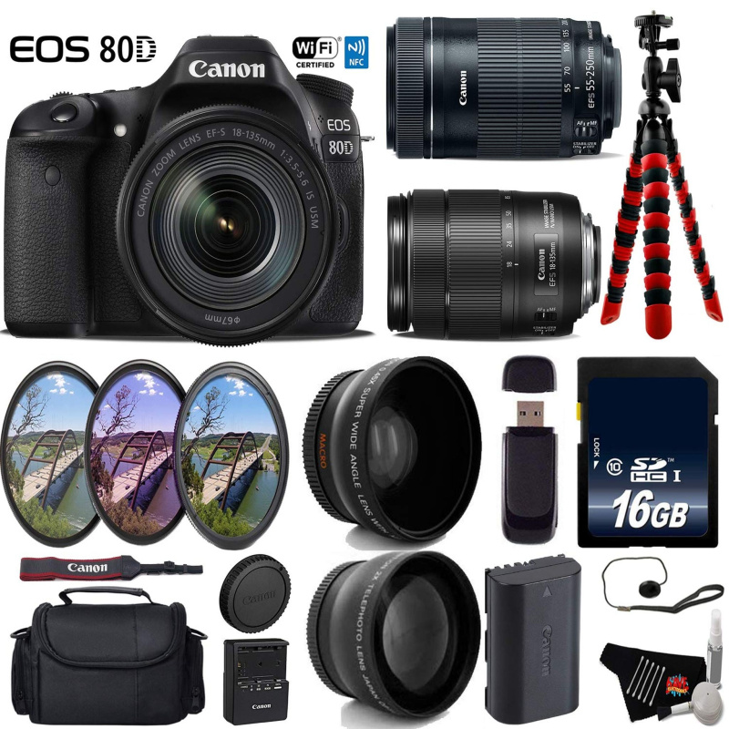 Canon EOS 80D DSLR Camera with 18-135mm is STM Lens & 55-250mm is STM Lens + UV FLD CPL Filter Kit Advanced Bundle (International Model)