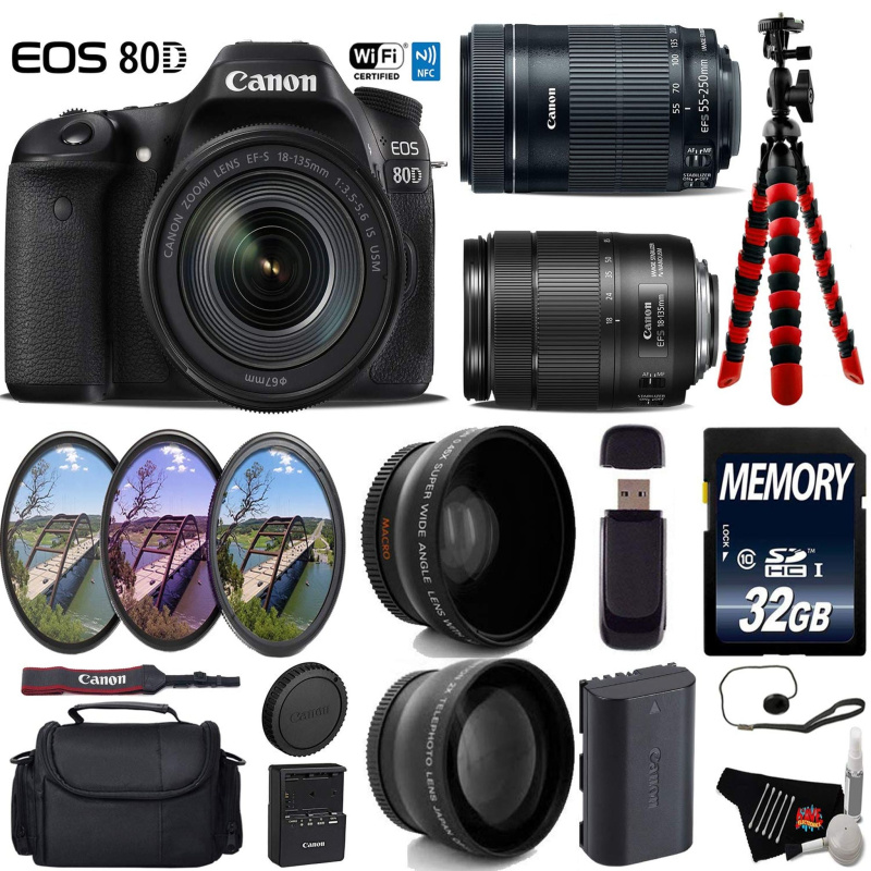 Canon EOS 80D DSLR Camera with 18-135mm is STM Lens & 55-250mm is STM Lens + UV FLD CPL Filter Kit Deluxe Bundle (International Model)