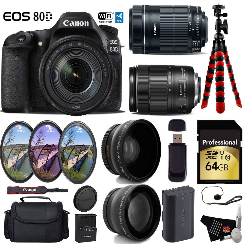Canon EOS 80D DSLR Camera with 18-135mm is STM Lens & 55-250mm is STM Lens + UV FLD CPL Filter Kit Ultimate Bundle (International Model)