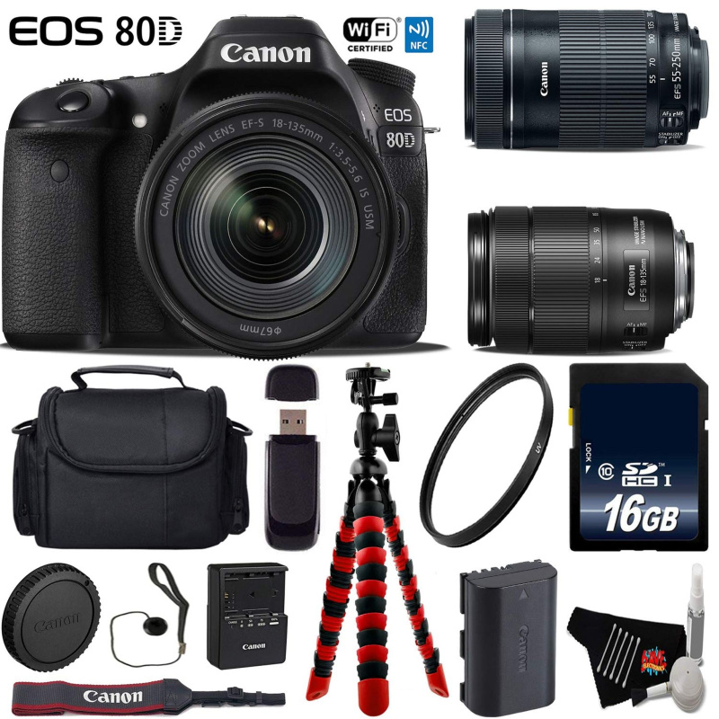 Canon EOS 80D DSLR Camera with 18-135mm is STM Lens & 55-250mm is STM Lens + Flexible Tripod + UV Protection Filter Advanced Bundle (International Mod