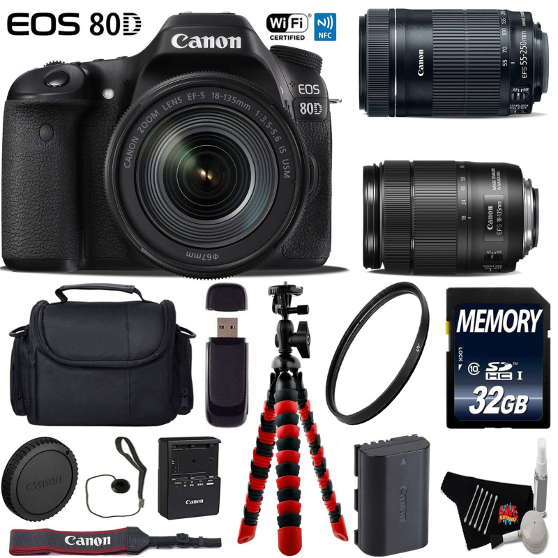 Canon EOS 80D DSLR Camera with 18-135mm is STM Lens & 55-250mm is STM Lens + Flexible Tripod + UV Protection Filter Deluxe Bundle (International Model
