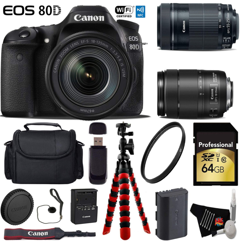Canon EOS 80D DSLR Camera with 18-135mm is STM Lens & 55-250mm is STM Lens + Flexible Tripod + UV Protection Filter Ultimate Bundle (International Mod