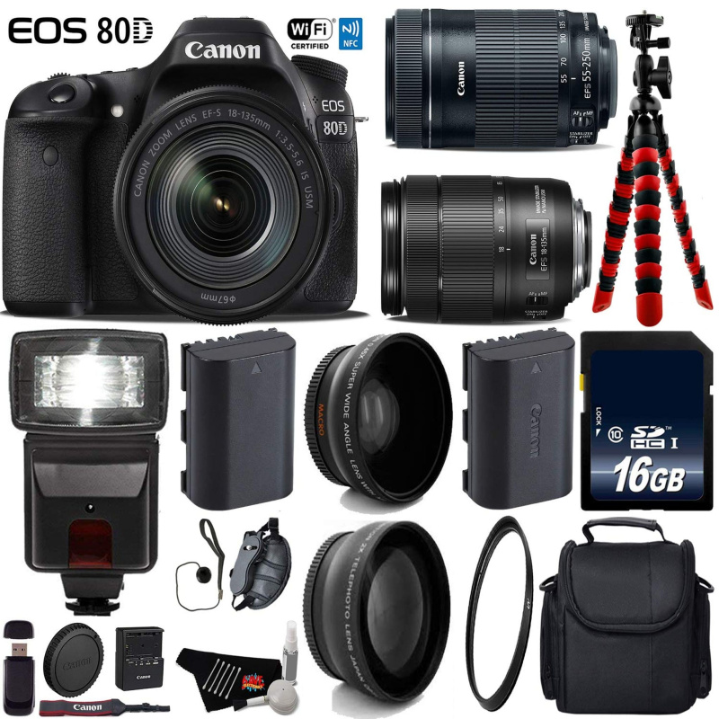 Canon EOS 80D DSLR Camera with 18-135mm is STM Lens & 55-250mm is STM Lens + Flash + UV FLD CPL Filter Kit Deluxe Bundle (International Model)