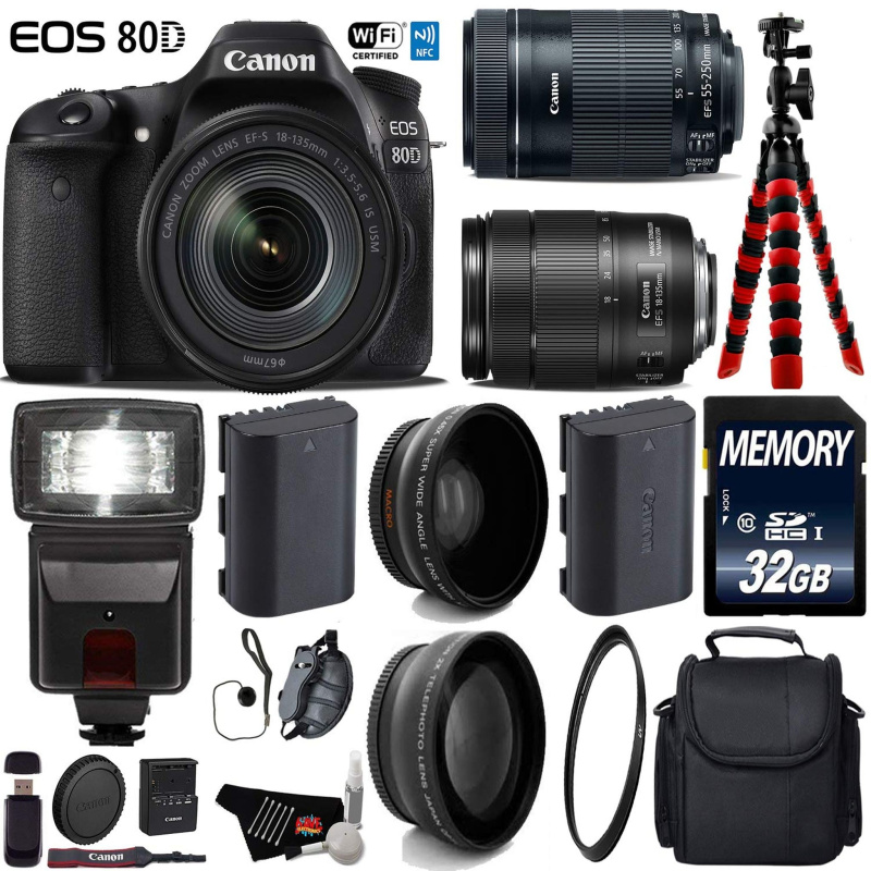 Canon EOS 80D DSLR Camera with 18-135mm is STM Lens & 55-250mm is STM Lens + Flash + UV FLD CPL Filter Kit Advanced Bundle (International Model)