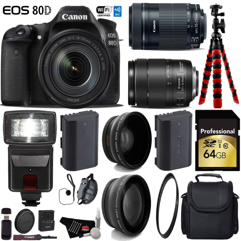 Canon EOS 80D DSLR Camera with 18-135mm is STM Lens & 55-250mm is STM Lens + Flash + UV FLD CPL Filter Kit Ultimate Bundle (International Model)