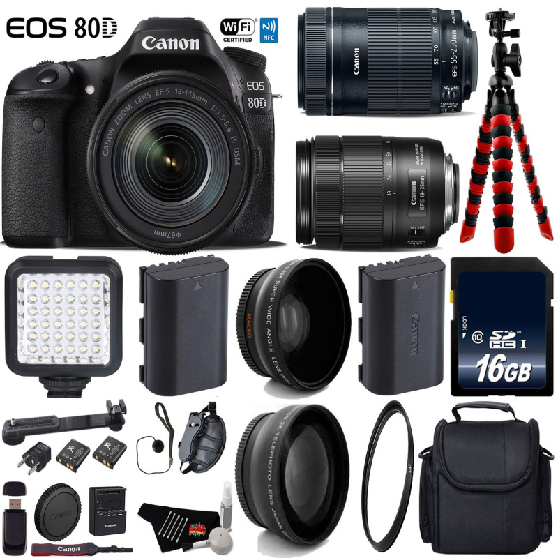 Canon EOS 80D DSLR Camera with 18-135mm STM Lens & 55-250mm is STM Lens + LED + UV FLD CPL Filter Kit Advanced Bundle (International Model)