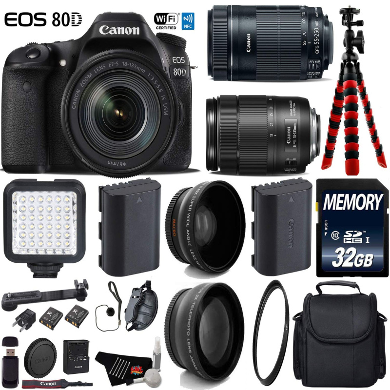 Canon EOS 80D DSLR Camera with 18-135mm STM Lens & 55-250mm is STM Lens + LED + UV FLD CPL Filter Kit Deluxe Bundle (International Model)