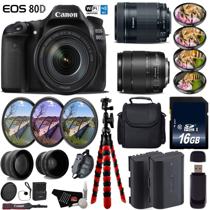 Canon EOS 80D DSLR Camera + 18-135mm STM Lens & 55-250mm is STM Lens + UV FLD CPL Filter Kit + 4 PC Macro Kit Deluxe Bundle (International Model)