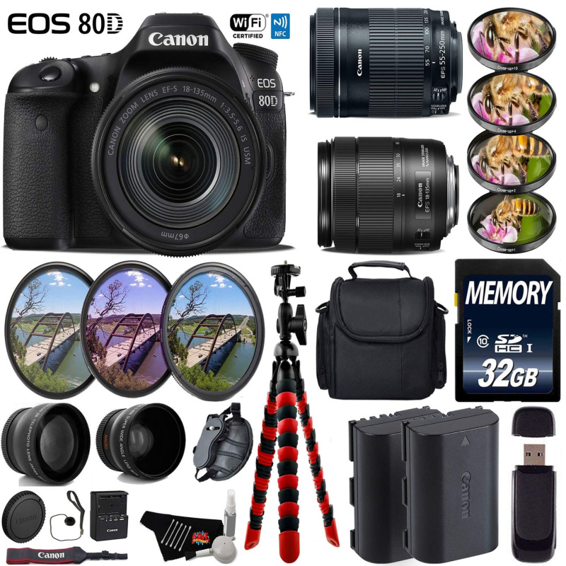 Canon EOS 80D DSLR Camera + 18-135mm STM Lens & 55-250mm is STM Lens + UV FLD CPL Filter Kit + 4 PC Macro Kit Advanced Bundle (International Model)