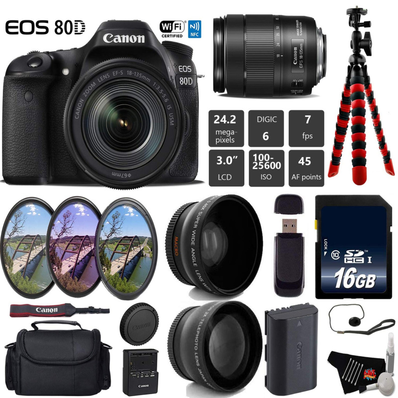 Canon EOS 80D DSLR Camera with 18-135mm is STM Lens + UV FLD CPL Filter Kit + Wide Angle & Telephoto Lens + Camera Case Base Bundle (International Mod