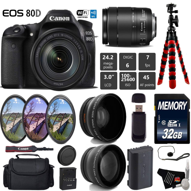 Canon EOS 80D DSLR Camera with 18-135mm is STM Lens + UV FLD CPL Filter Kit + Wide Angle & Telephoto Lens + Camera Case Starter Bundle (International