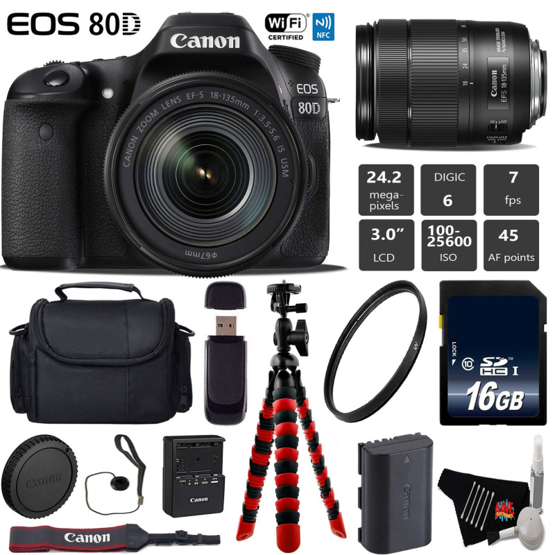 Canon EOS 80D DSLR Camera with 18-135mm is STM Lens + Flexible Tripod + UV Protection Filter + Professional Case + Card Base Bundle (International Mod