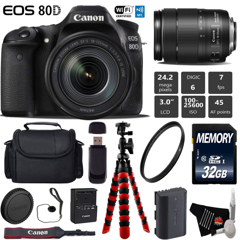Canon EOS 80D DSLR Camera with 18-135mm is STM Lens + Flexible Tripod + UV Protection Filter + Professional Case + Card Starter Bundle (International