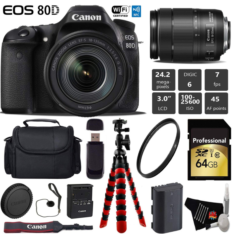 Canon EOS 80D DSLR Camera with 18-135mm is STM Lens + Flexible Tripod + UV Protection Filter + Professional Case + Card Pro Bundle (International Mode