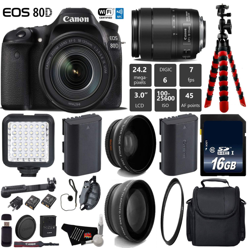 Canon EOS 80D DSLR Camera with 18-135mm is STM Lens + LED + UV FLD CPL Filter Kit + Wide Angle & Telephoto Lens + Camera Base Bundle (International Mo