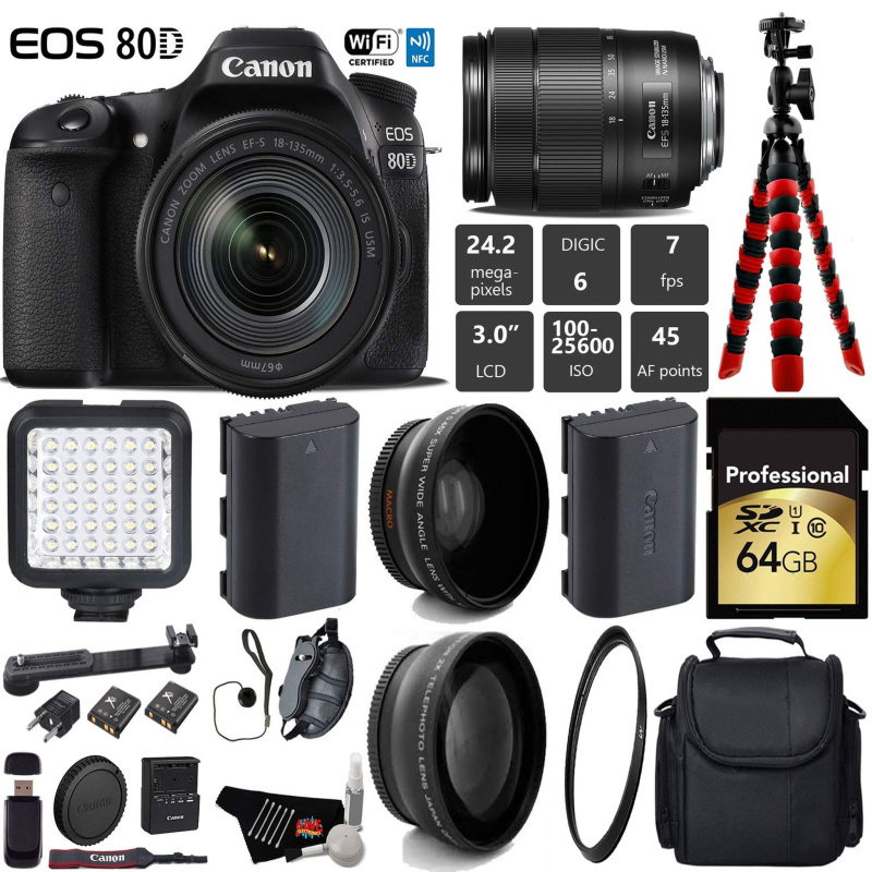 Canon EOS 80D DSLR Camera with 18-135mm is STM Lens + LED + UV FLD CPL Filter Kit + Wide Angle & Telephoto Lens + Camera Pro Bundle (International Mod