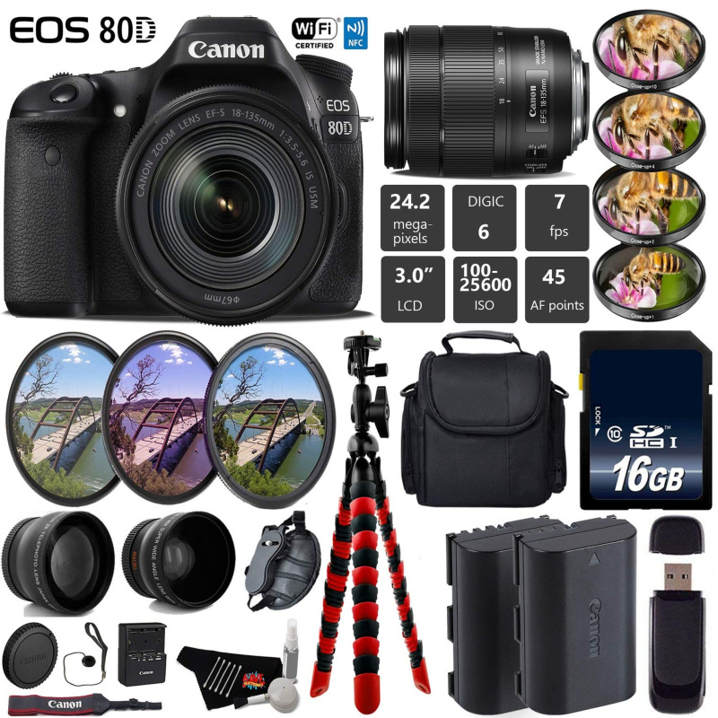 Canon EOS 80D DSLR Camera with 18-135mm is STM Lens + UV FLD CPL Filter Kit + 4 PC Macro Kit + Wide Angle & Telephoto Lens Base Bundle (International