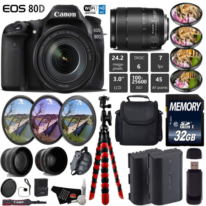 Canon EOS 80D DSLR Camera with 18-135mm is STM Lens + UV FLD CPL Filter Kit + 4 PC Macro Kit + Wide Angle & Telephoto Lens Starter Bundle (Internation