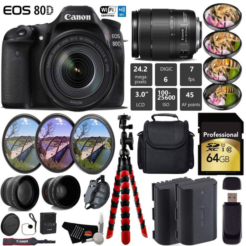 Canon EOS 80D DSLR Camera with 18-135mm is STM Lens + UV FLD CPL Filter Kit + 4 PC Macro Kit + Wide Angle & Telephoto Lens Pro Bundle (International M