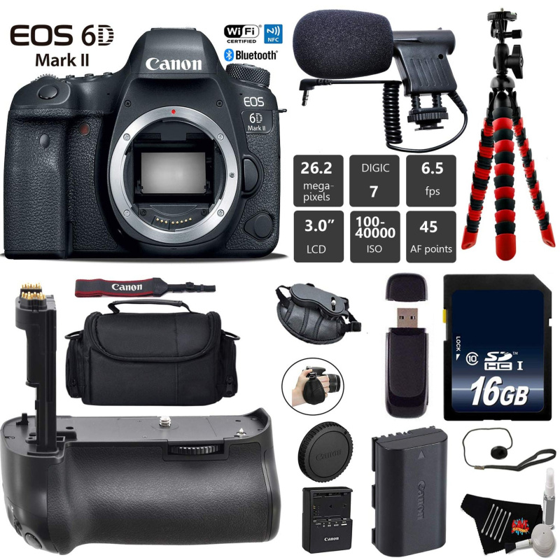 Canon EOS 6D Mark II DSLR Camera (Body Only) + Professional Battery Grip + Condenser Microphone + Case + Wrist Strap Base Bundle (International Model)