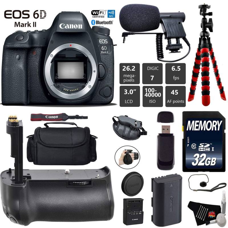 Canon EOS 6D Mark II DSLR Camera (Body Only) + Professional Battery Grip + Condenser Microphone + Case + Wrist Strap Starter Bundle (International Mod