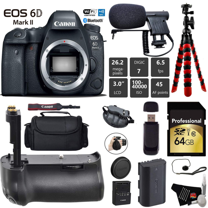 Canon EOS 6D Mark II DSLR Camera (Body Only) + Professional Battery Grip + Condenser Microphone + Case + Wrist Strap Pro Bundle (International Model)
