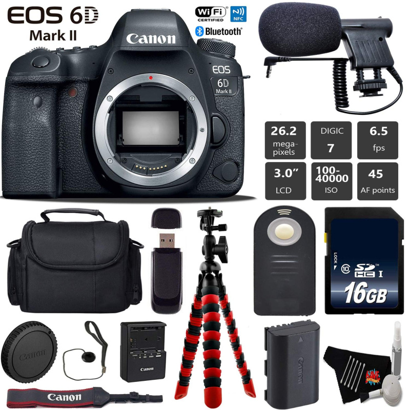 Canon EOS 6D Mark II DSLR Camera (Body Only) + Wireless Remote + Condenser Microphone + Case + Wrist Strap + Tripod Base Bundle (International Model)